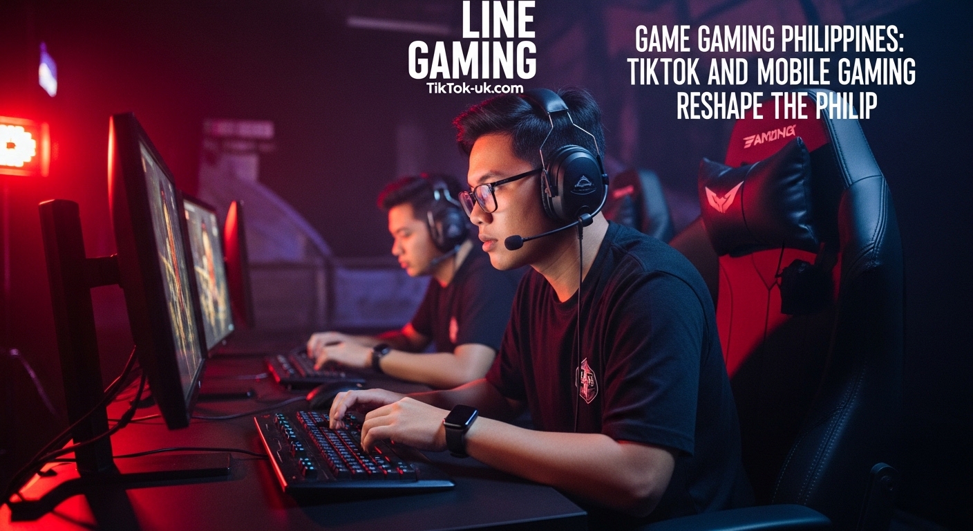 Neon-lit Filipino gaming cafe with players, modern mobile screens, and TikTok overlay visuals