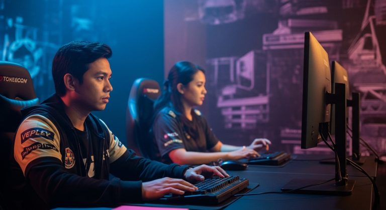 Filipino gamers using mobile devices with Veliplay branding in a social, energetic environment.