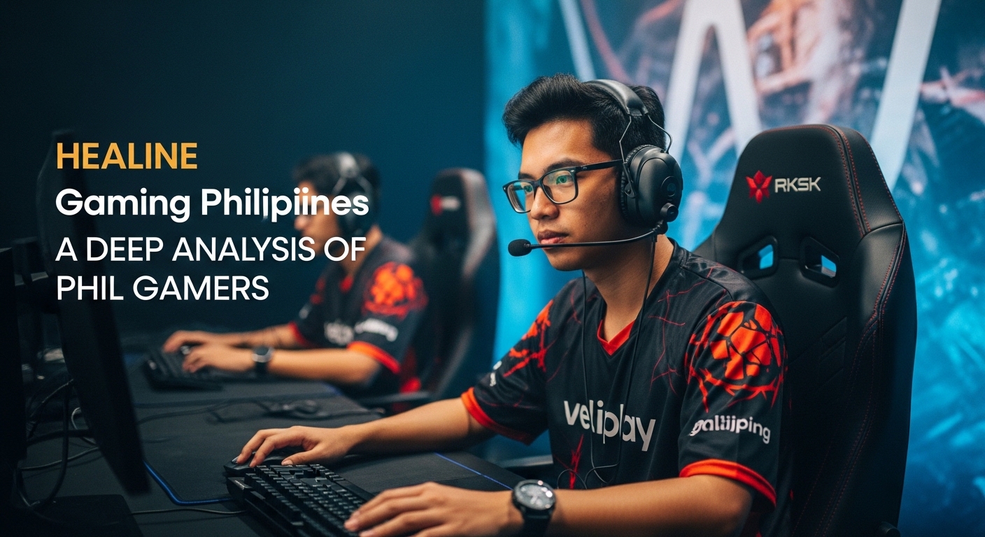 Filipino gamer with Veliplay branding and neon icons