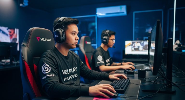 Gamer playing a Veliplay game on mobile with TikTok visuals and Philippine motifs.