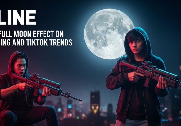 Gaming desk bathed in moonlight with a full moon visible outside the window.