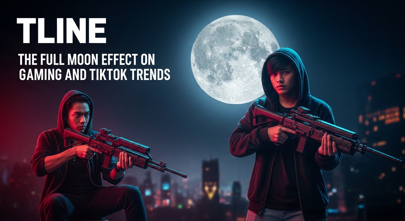 Gaming desk bathed in moonlight with a full moon visible outside the window.