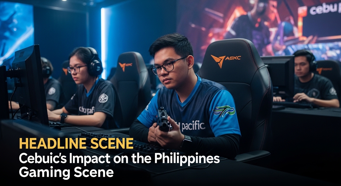 Gamer at a convention with a Cebu Pacific branding and aircraft model in the background, illustrating travel’s role in g