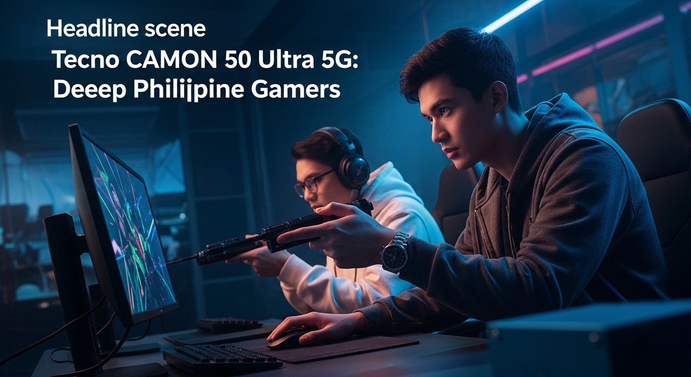 Concept render of Tecno CAMON 50 Ultra 5G in a gamer setup with Philippine city lights.