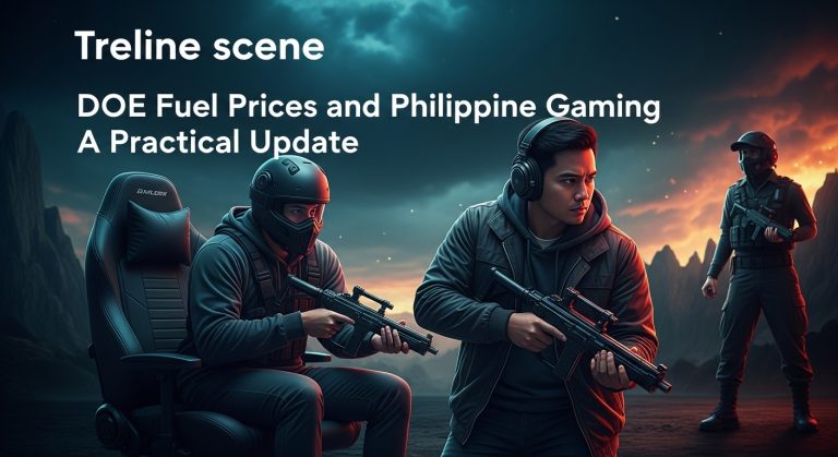 Editorial illustration of Philippine city with fuel pump and gaming controller overlays indicating economic and gaming t