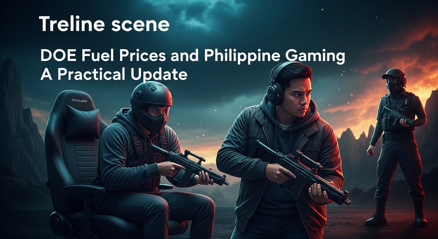 Editorial illustration of Philippine city with fuel pump and gaming controller overlays indicating economic and gaming t