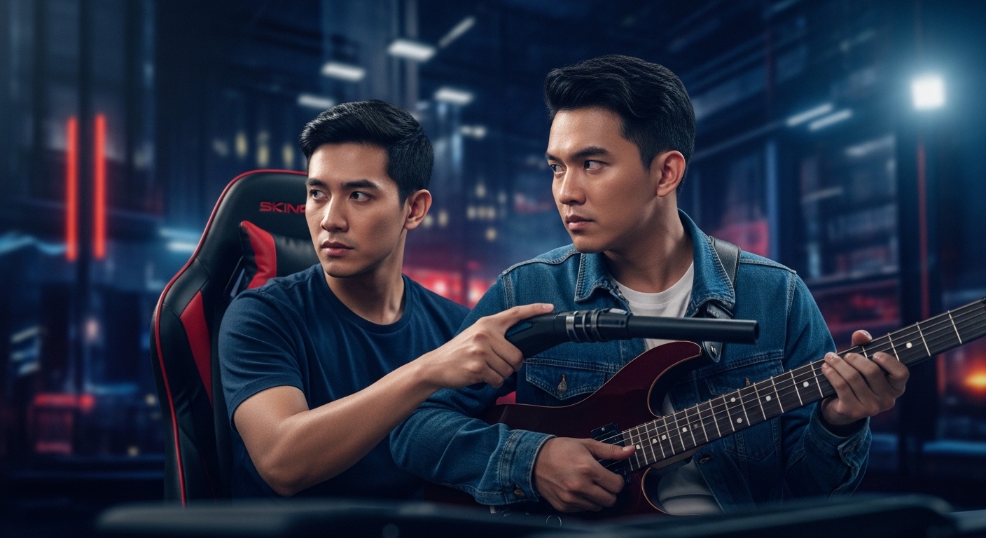 Editorial illustration of Philippine city with fuel pump and gaming controller overlays indicating economic and gaming t