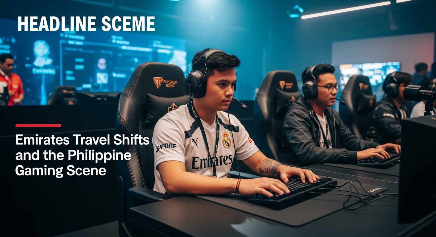 Filipino gamer streaming with global flight connections motif.