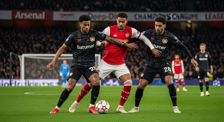 Arsenal vs Leverkusen players in action on a Champions League night.